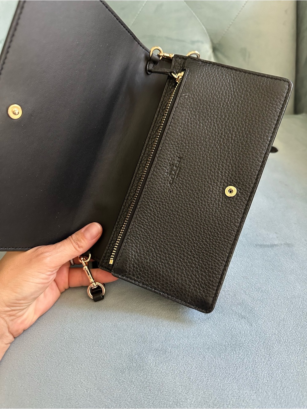Coach Black Pebbled Leather Crossbody Wallet with Gold Logo - Picture 10 of 17
